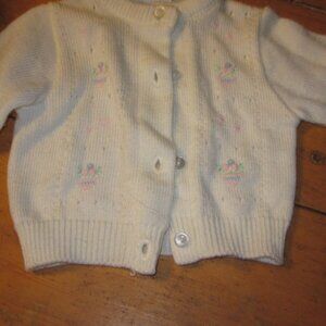 vtg infant Nann Knits embroidered cardigan white pink flowers acrylic 0-3 mos